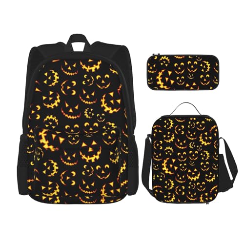 WURTON Happy Halloween1 Bedruckte verstellbare Schultergurte Rucksack Set Mittagessen Tasche Federmäppchen Kombination Taschen Set