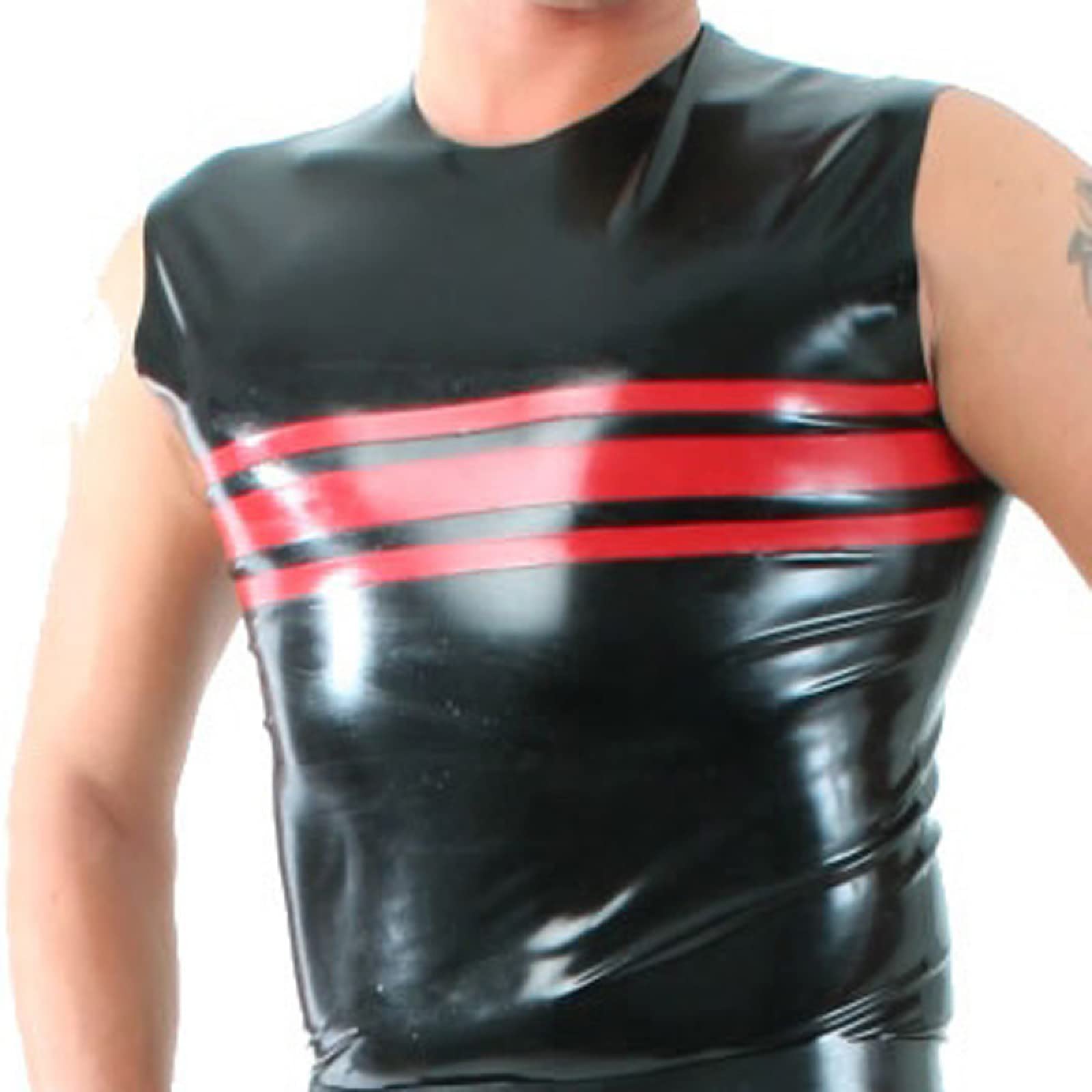 Streifen oben Sexy Latex Shirt Weste Gummi Kleidung Tank,schwarz mit rot, M