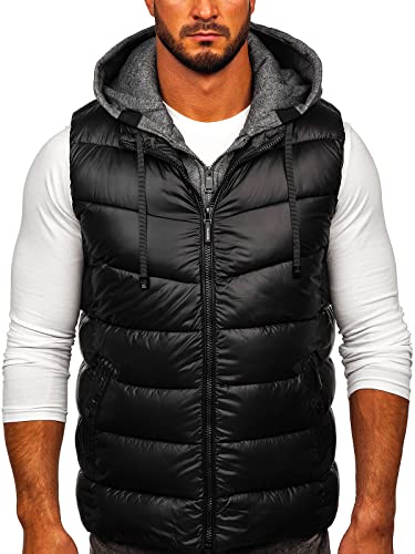 BOLF Herren Weste mit Kapuze Steppweste Bodywarmer Kapuzenweste Daunenweste Reißverschluss Weste Ärmellose Sportweste Zip Wärme Freizeit Outdoor Style 2909 Schwarz XXL [1U1]