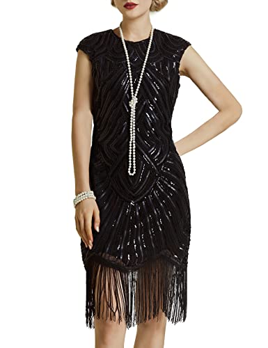 BABEYOND Damen Kleid voller Pailletten 20er Stil Runder Ausschnitt Inspiriert von Great Gatsby Kostüm Kleid (XL (Fits 82-92 cm Waist & 100-110 cm Hips), Schwarz)