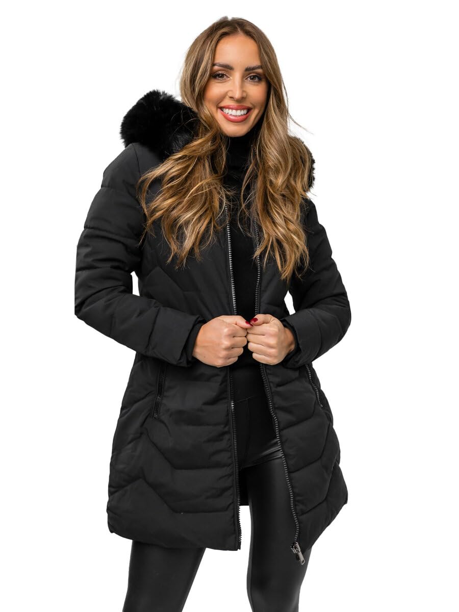 BOLF Damen Winterjacke Parka Gefüttert mit Kunstfell Kapuze Wintermantel Lange Steppjacke Daunenjacke Puffermantel Sportjacke Warm Gefüttert Freizeit Outdoor Casual Style 16M9121 Schwarz XL [D4D]