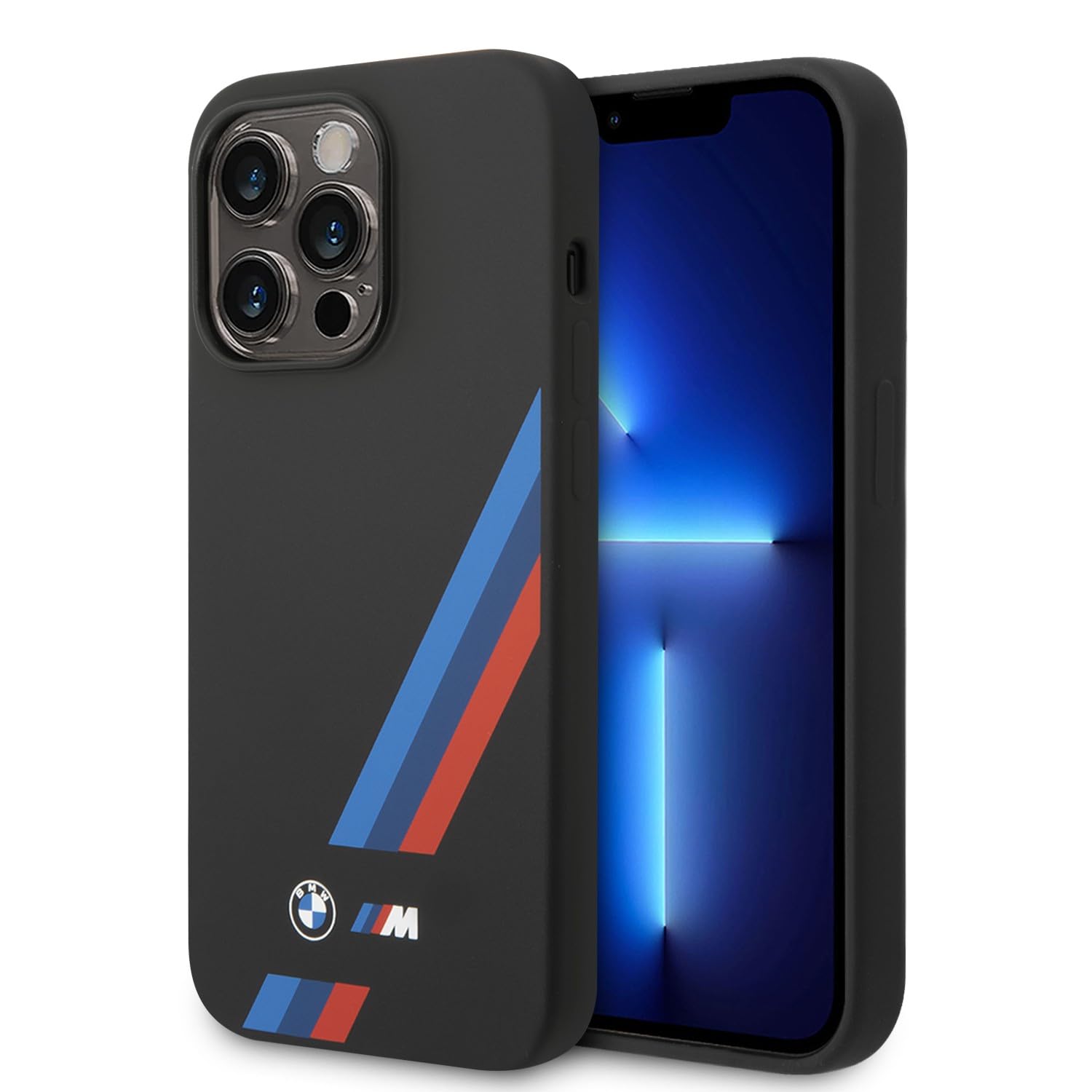 BMW M Collection Magsafe Liquid Silikon Schutzhülle für iPhone 14 Pro Max, schräge dreifarbige Streifen und gedrucktes Logo – Schwarz