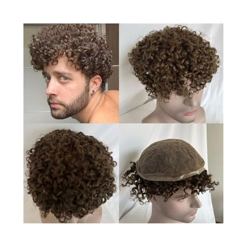 Männer Toupet Afro Curly Men Toupet #4 Dunkelbraune Farbe Echthaarperücken 8x10 Zoll Volles Schweizer Spitzen-Toupet-Haarteil 7" Europäisches Haarersatzsystem Haarteil für Männer