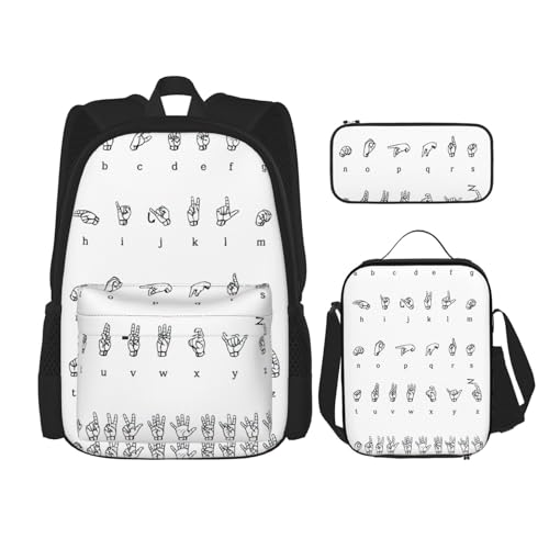 WURTON Gebärdensprache, Alphabet-Druck, Reise-Lunchbox, Federmäppchen, Rucksack-Set, 3-teilig, verstellbare Riemen, leicht, schwarz, Einheitsgröße, Schwarz , Einheitsgröße