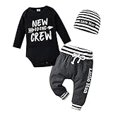 Tinykeke Neugeborenes Baby Jungen Kleidung Langarm Strampler New to The Crew Tops + Hut + Hose 3 tlg Babykleidung Set (0-3 Monate)