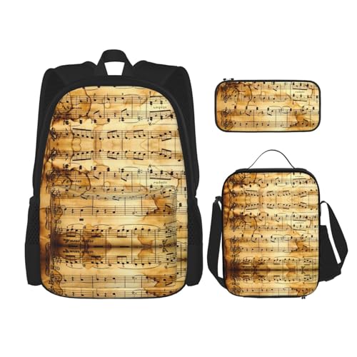 WURTON Rucksack-Set mit Musiknoten-Druck, verstellbare Schultergurte, Lunch-Tasche, Federmäppchen, Kombinationstaschen-Set