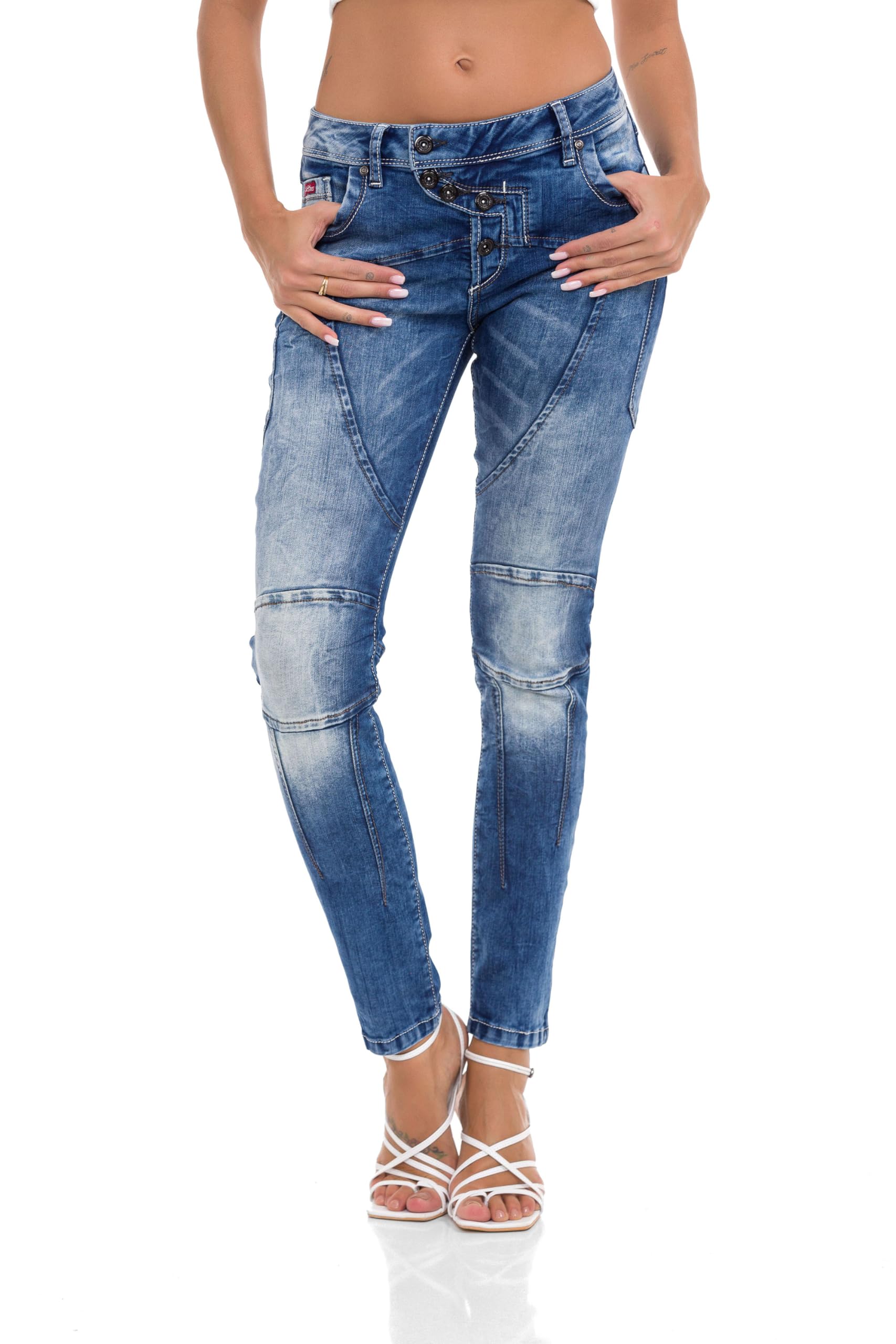 Cipo & Baxx Damen Jeanshose Slim Fit Ziernähte Denim Jeans Straight Hose Baumwolle WD502 Blau W27 L32