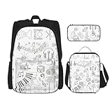 WURTON Rucksack mit Aufschrift "Instruments Performers Notes And Little Birds" bedruckt, trendiger Rucksack, Lunchbox, Federmäppchen, 3-in-1, verstellbares Rucksack-Set, Schwarz , Einheitsgröße