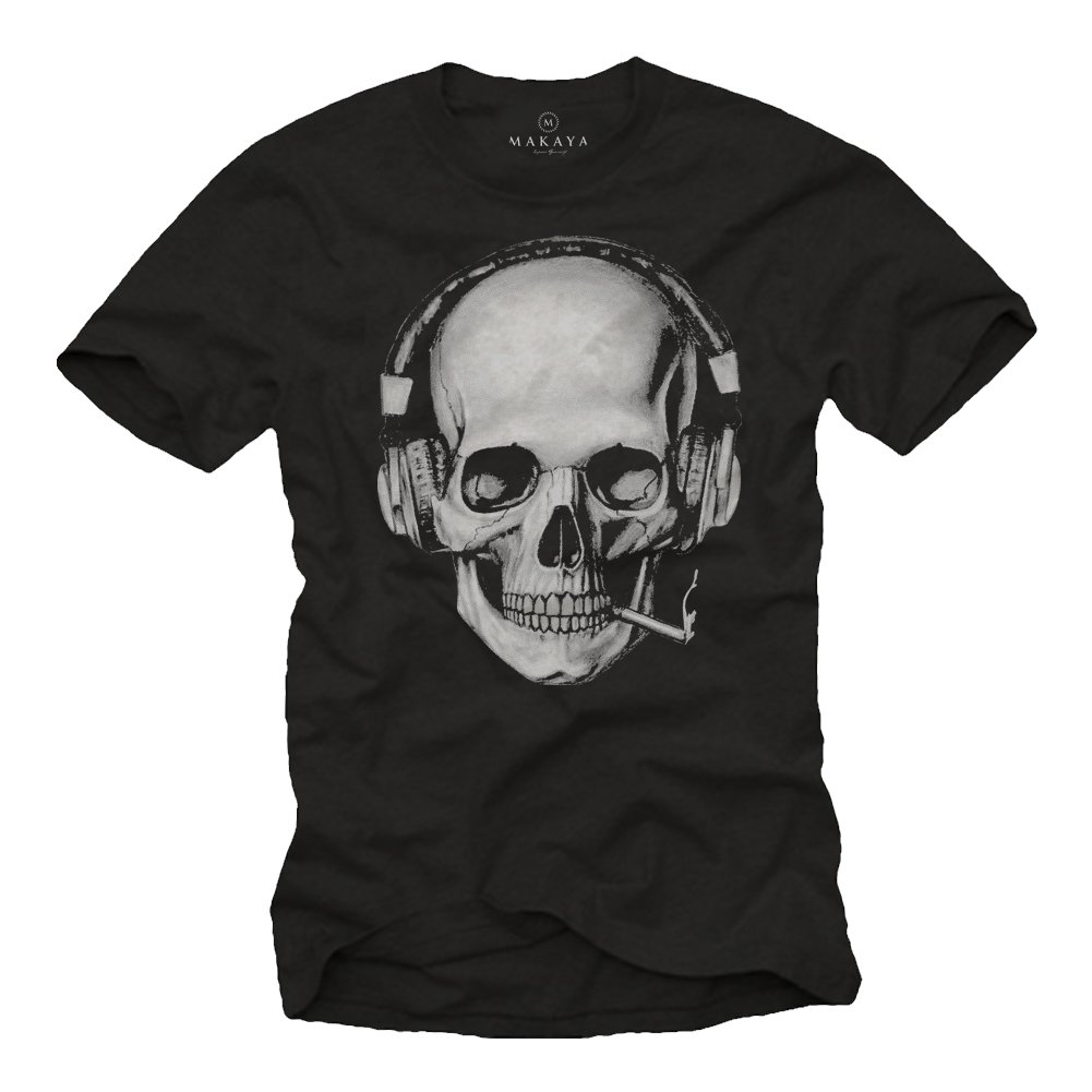 Totenkopf T-Shirt mit Kopfhörer - Skull Rock Band Musik Shirt für Herren schwarz L