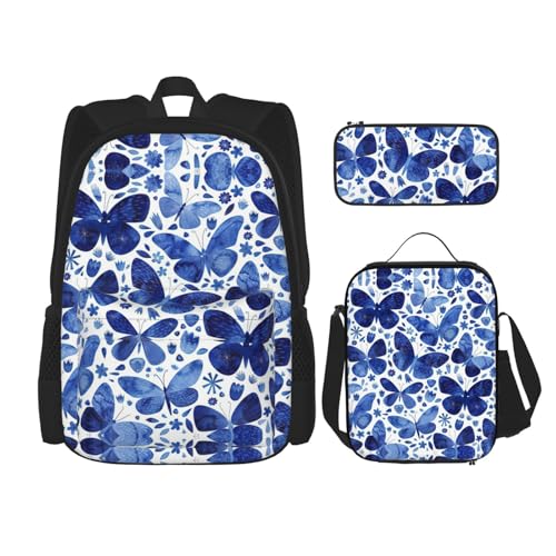 WURTON Schulrucksack-Set mit blauen Schmetterlingen, 3-in-1-Büchertaschen-Set mit Lunchbox, Federmäppchen, Reise-Laptop-Tagesrucksäcke