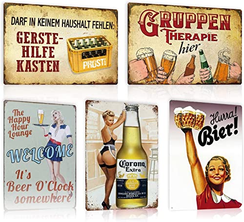 ZDFDC 5er Set Blechschilder Retro Bar 20x30cm - Metallschilder mit Lustig Spruch - Vintage Barschild aus Metall - Pub Club Theken Partykeller Werbeschild Wand Dekoration Geschenk (SET C)