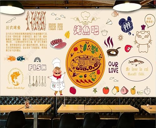 tyujlkjddlf Tapete Wandbild 3D Benutzerdefinierte Cartoon-Hintergrundwand Mit Gegrilltem Fischrestaurant-300Cmx210Cm