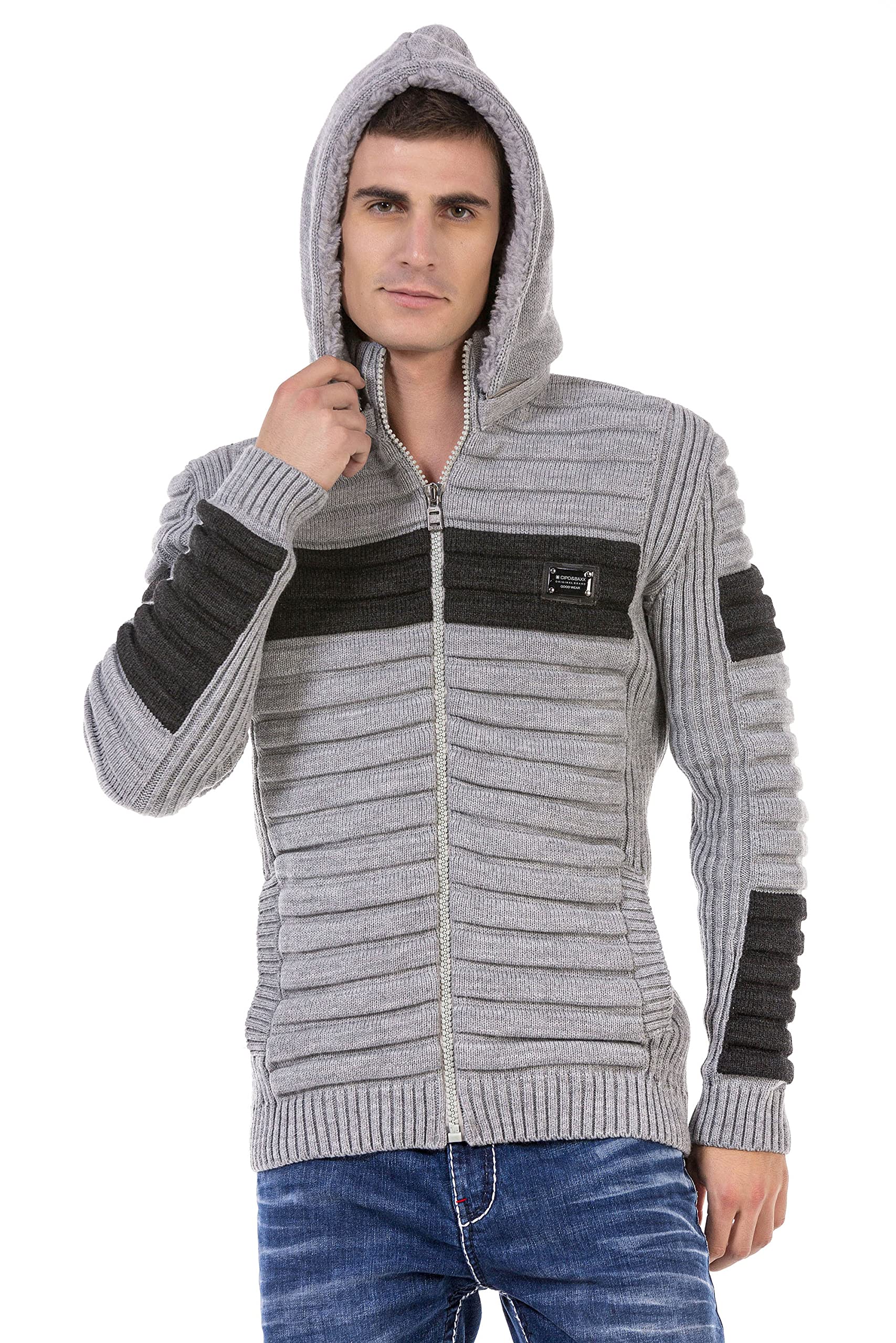 Cipo & Baxx Herren Cardigan Strickjacke Kapuze Rippen Design Grobstrick Pullover Übergangsjacke CP254 Grau-Anthracite S