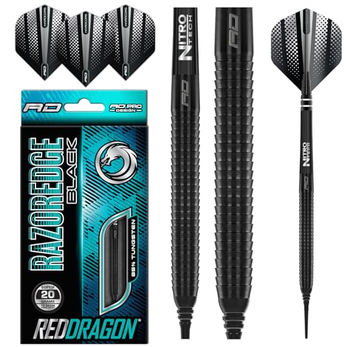 RED DRAGON Razor Edge Black 18g Softip Tungsten Darts with Flights and Stems