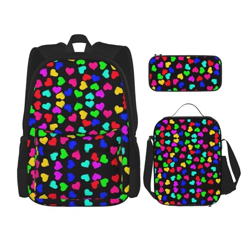 WURTON Schulrucksack-Set mit Regenbogen-Herz-Aufdruck, 3-in-1 Büchertasche-Set mit Lunchbox, Federmäppchen, Reise, Laptop, Tagesrucksack