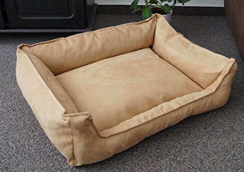 Hundebettenmanufaktur Hundebett Wildlederoptik Hundesofa Schlafplatz Velluto waschbar Farbe und Größe wählbar (105 cm X 80 cm, Alcantara beige)