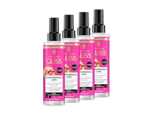 Gliss Express-Repair-Spülung Verführerisch Lang (4x 200 ml), Haarspülung für verführerisch langes Haar, Pflegespülung mit Hitzeschutz für Schutz vor zukünftigen Haarschäden