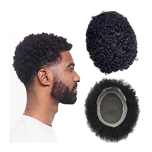 Toupet für Männer Haarersatz Systeme Afro-Locken-Toupet for Männer, französische Spitze und PU-Basis, Systemeinheit for lockiges Haar, langlebige männliche Haarprothese, mittlere Dichte, indisches Ech