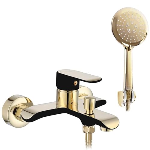 Rea Badewannenarmatur BLOOM BLACK GOLD Wasserhahn Badewanne Einhebel Wannenarmatur mit Handbrause Badarmatur aus Messing Mischbatterie Wandmontage (Gold)