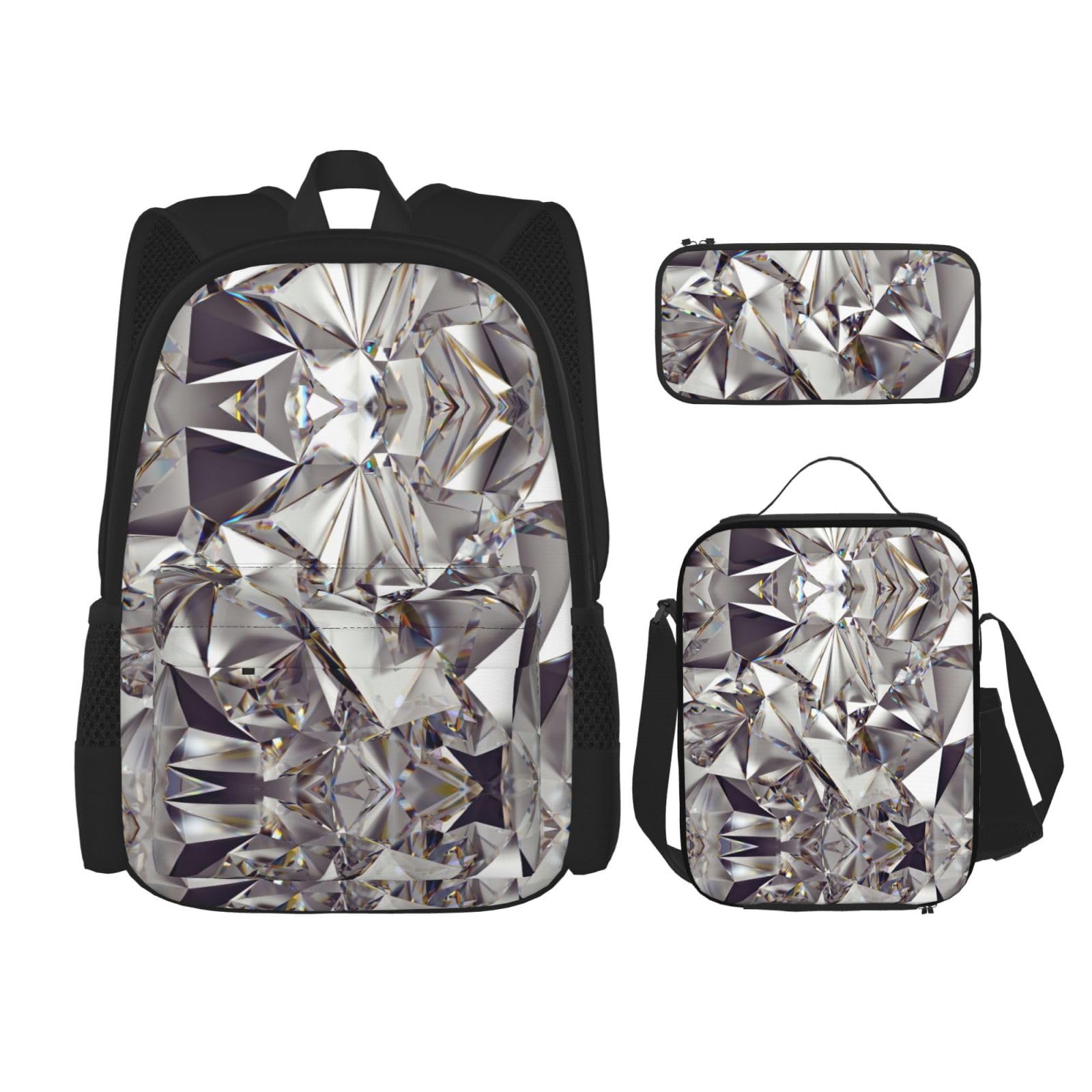 WURTON Glitzer, abstraktes Diamant-Kristallmuster, 3-in-1-Sets, lässig, verstellbar, Schulter-Rucksack, Lunch-Tasche, Federmäppchen, Beutel, Schwarz, Einheitsgröße