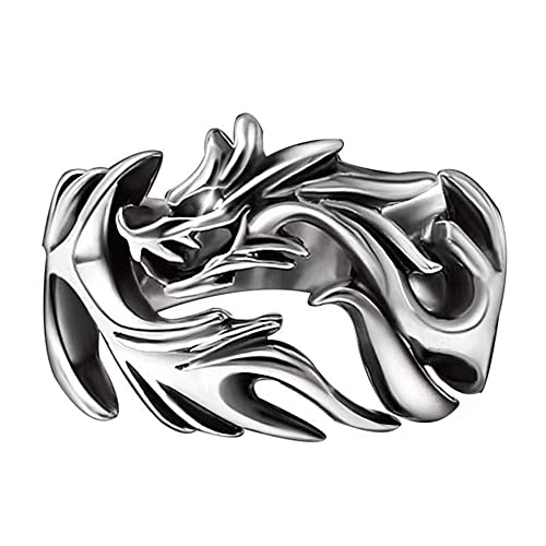 VOYADE Drachenring S925 Sterling Silber Dominante Flamme Drachenring Gothic Herren Retro-Drache End-To-End-Öffnung Verstellbarer Ring,Silber,10