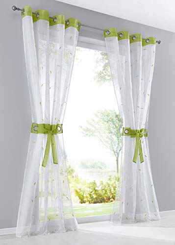 LiYa 1 Stück Gardine mit Stickerei Design Vorhang Transparent Voile Vorhänge (BxH 140x145cm, Grün mit Ösen)