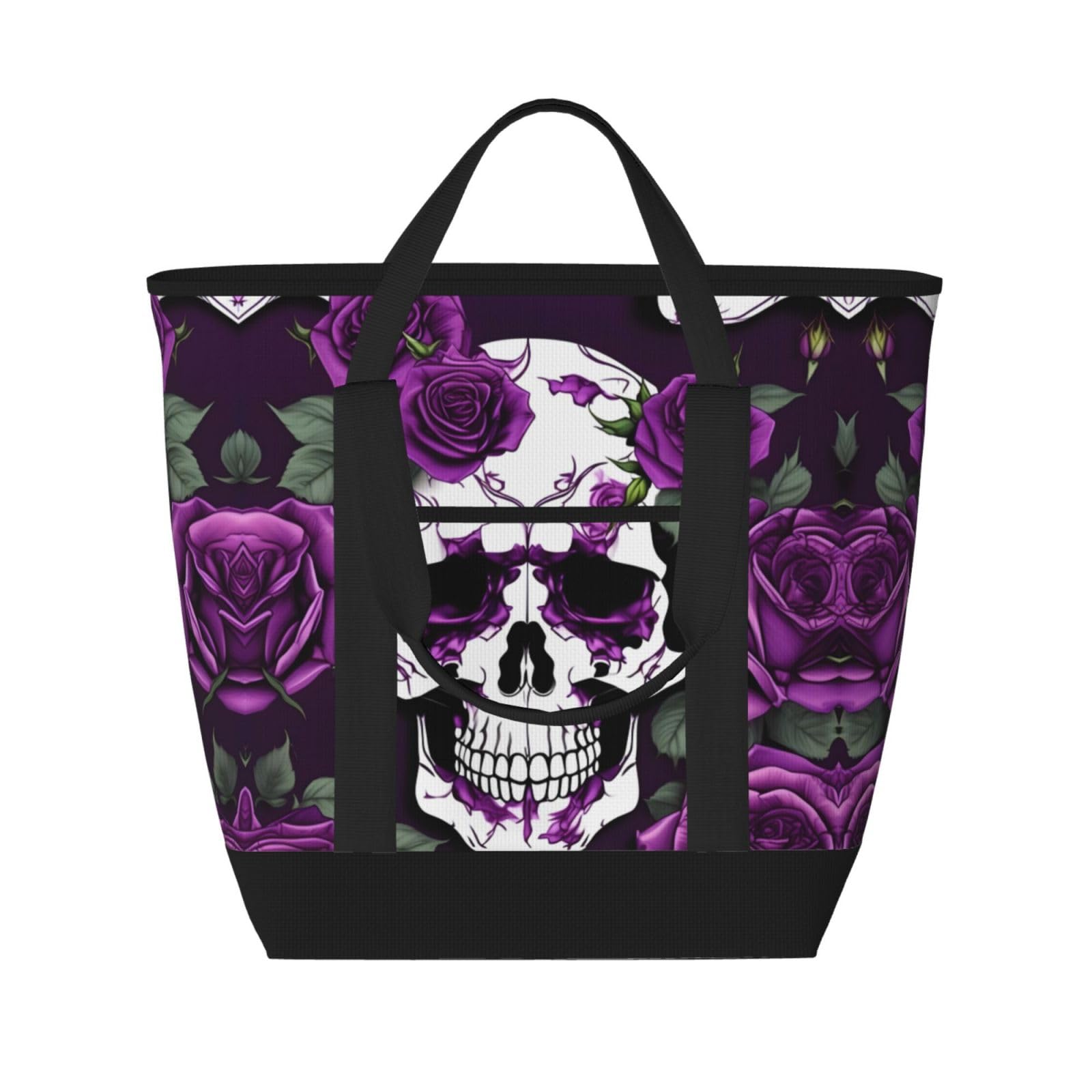 YQxwJL Isolierte Kühltasche mit violettem Rosen-Skelett-Druck, großes Fassungsvermögen, Einkaufstasche, Reisetasche, Strand, wiederverwendbare Einkaufstasche für Erwachsene, Schwarz, Einheitsgröße