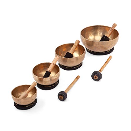 Handgefertigte tibetische Klangschalen aus Indien inkl. Unterlage & Holzklöppel (Ø13 + 15 + 19 + 24 cm) | Singing Bowl Set | Klangtherapie, Meditation, Achtsamkeit, Entspannung