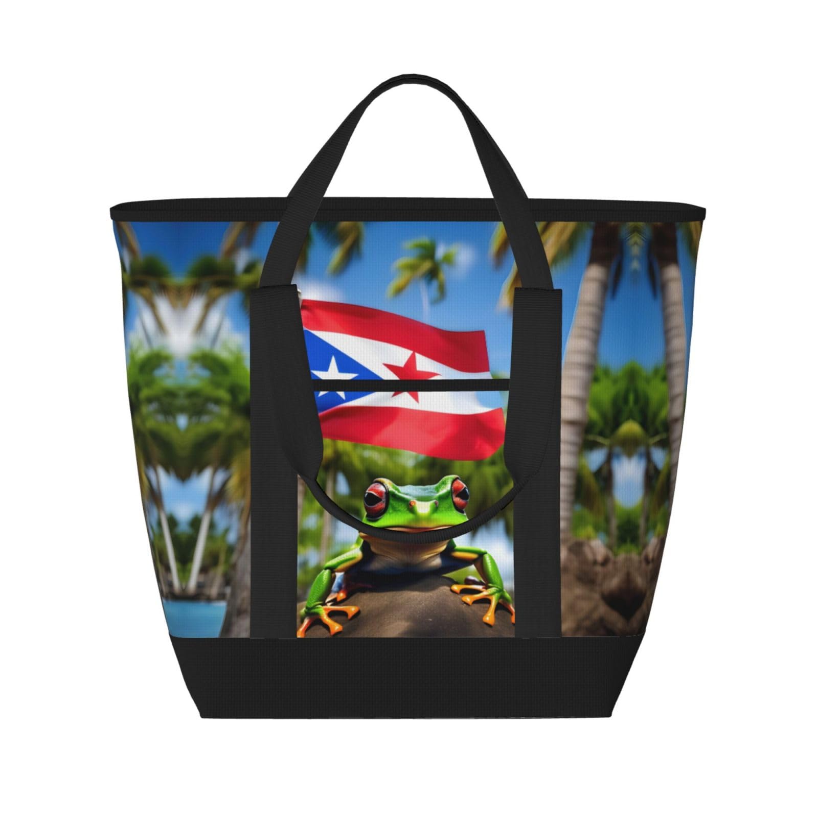 YQxwJL Puerto Rico-Flaggen, Frosch-Palmen-Druck, großes Fassungsvermögen, isolierte Kühltasche, Einkaufstasche, Reisetasche, Strand, wiederverwendbare Einkaufstasche für Erwachsene, Schwarz,