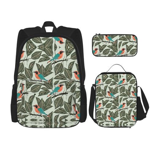 WURTON Rucksack mit tropischen Pflanzen, 3-in-1, Büchertaschen-Set, Lunchbox, Federmäppchen, Reise-Laptop-Tagesrucksäcke, Schwarz, Einheitsgröße