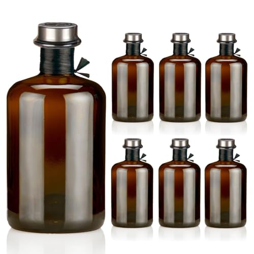 6 Apothekerflaschen braun 500ml leer schwarz antik Profiset Korken silber matt, Flaschenkapseln & Bast Band, Geschenk Braunglas Flaschen 0,5L für Öl, Gin, Kräuter Schnaps uvm.