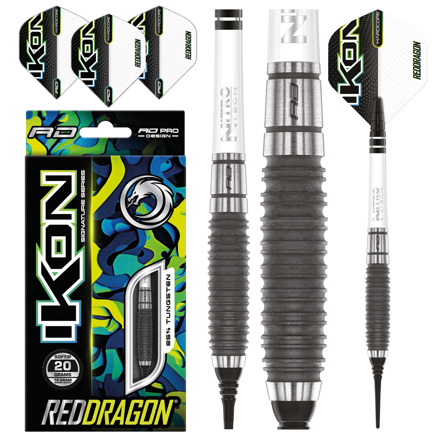 RED DRAGON Ikon 1.3 20 Gramm Professionelles Wolfram Softip Dart Set mit Flights und Schäften