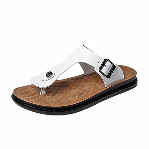 Herren Flip Flops Strand Zehenstegsandalen Bequeme Weiche Gummi Flache Hausschuhe Echtes Leder Offene Zehensandale Sommerschuhe Indoor (Color : White, Size : EUR43)