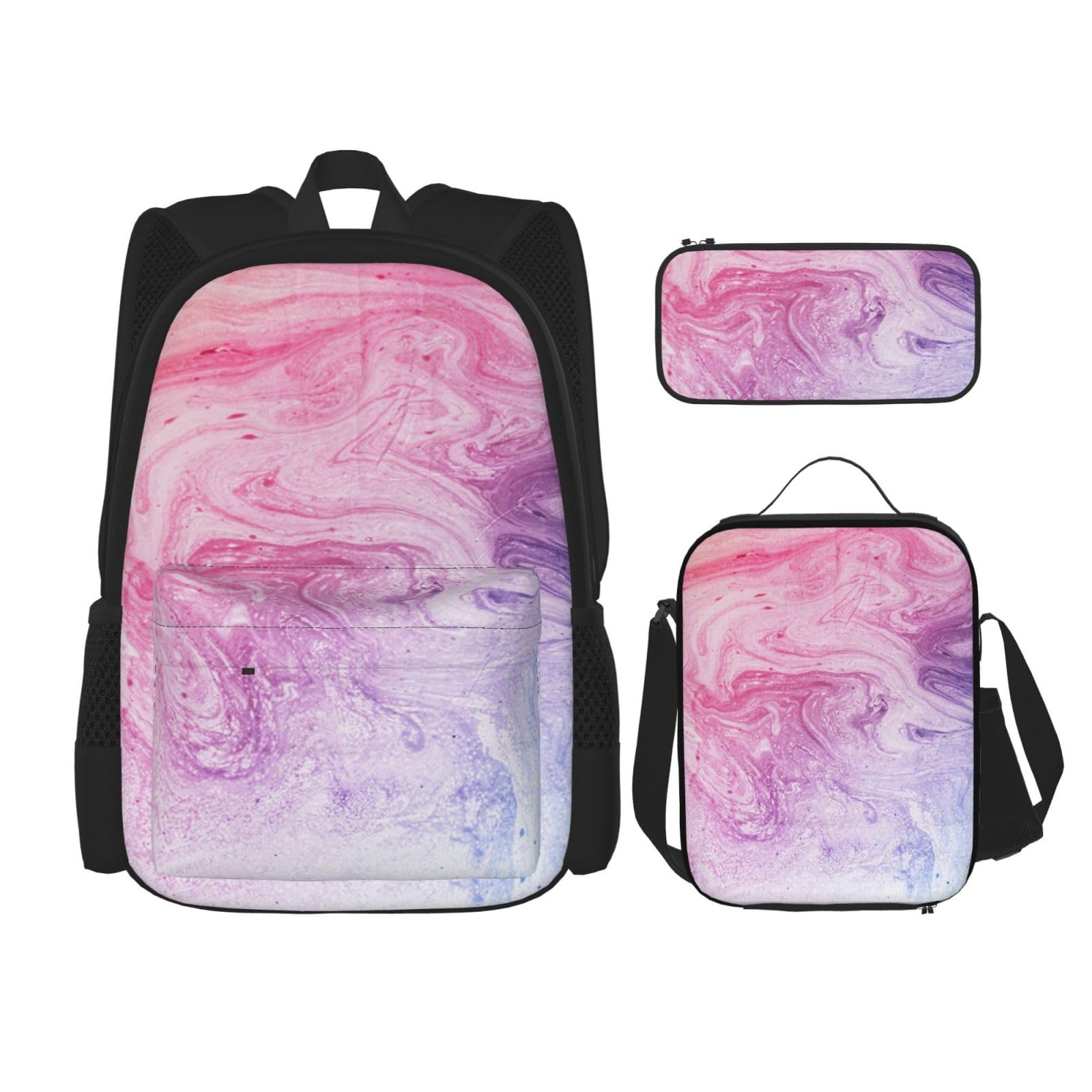 DENMER Mehrzweck-Schulranzen mit passendem Federmäppchen und Lunchtasche, rotgoldener Glitzer, Ihre stilvolle All-in-One-Lösung, Bunte Marmor-Pastell-Pink, Blau, Violett, Einheitsgröße