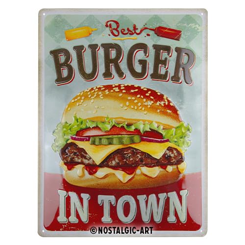 Nostalgic-Art Retro Blechschild, 30 x 40 cm, Best Burger in Town – Geschenk-Idee für Diner-Fans, aus Metall, Vintage Design mit Spruch