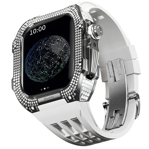 TONECY Uhren-Modifikationsset, Luxus-Uhrenarmband-Set für Apple Watch 6, 5, 4, SE, 44 mm, luxuriöses Fluorkautschuk-Armband, Titangehäuse für iWatch 6/5/4/SE, 44 mm Serie, Upgrade-Modifikation