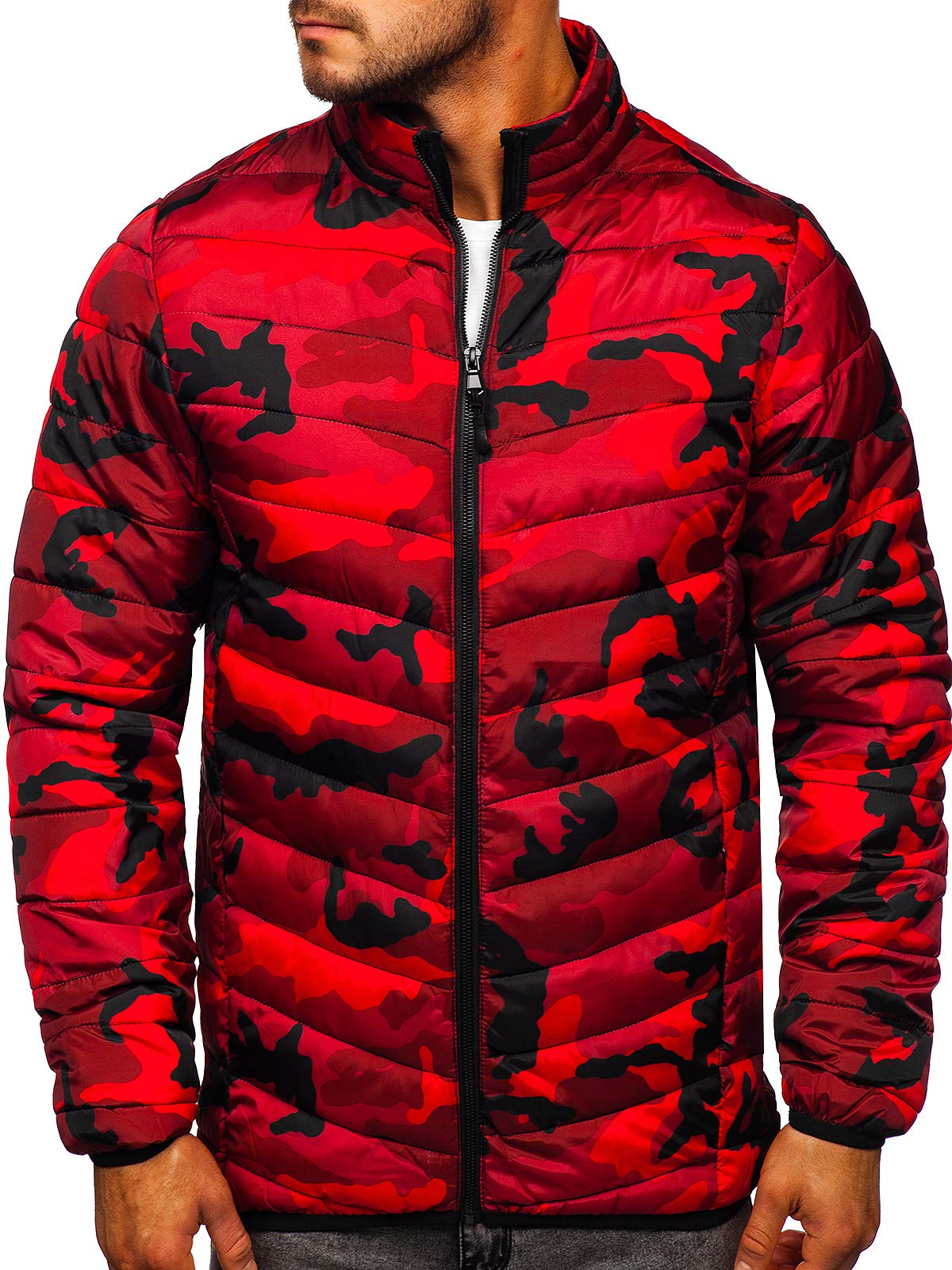 BOLF Herren Übergangsjacke Steppjacke Bomberjacke Leichte Daunenjacke Sportjacke Freizeitjacke Stehkragen Reißverschluss Militär Camouflage Military Style J.STYLE SM32 Rot M [4D4]