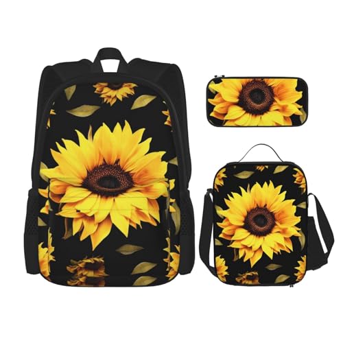 DENMER Mehrzweck-Schultasche mit Holzmaserung und passendem Federmäppchen und Lunchtasche - Ihre stilvolle All-in-One-Lösung, Sonnenblumenblühende Blumen Pflanzen schwarz und gelb, Einheitsgröße