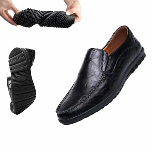 WINDEHAO Leichte Herren-Schlupfschuhe aus echtem Leder, lässig, Business, Leder, atmungsaktiv, Mokassin-Schuhe zum Fahren (Schwarz, 47 EU)