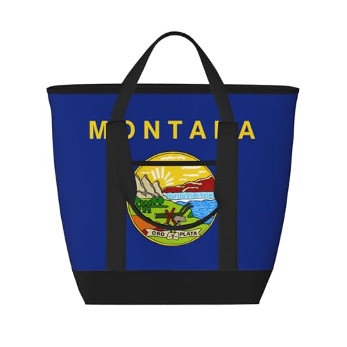 YQxwJL Isolierte Kühltasche mit Montana-Staatsflaggen-Druck, großes Fassungsvermögen, Einkaufstasche, Reisetasche, Strand, wiederverwendbare Einkaufstasche für Erwachsene, Schwarz, Einheitsgröße