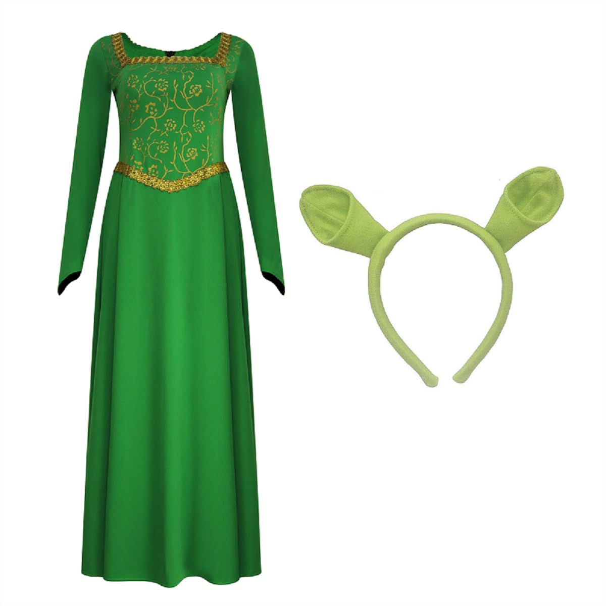 AYYOHON Fiona Kostüm für Damen, Prinzessin, Fiona-Kleid, Erwachsene, lange Ärmel, grünes Kleid mit Stirnband, für Halloween, Cosplay, Größe M