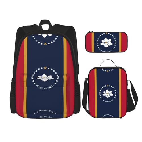 WURTON Mississippi Schulrucksack-Set mit Staatsflagge, 3-in-1-Büchertaschen-Set mit Lunchbox, Federmäppchen, Reise-Laptop-Tagesrucksäcke