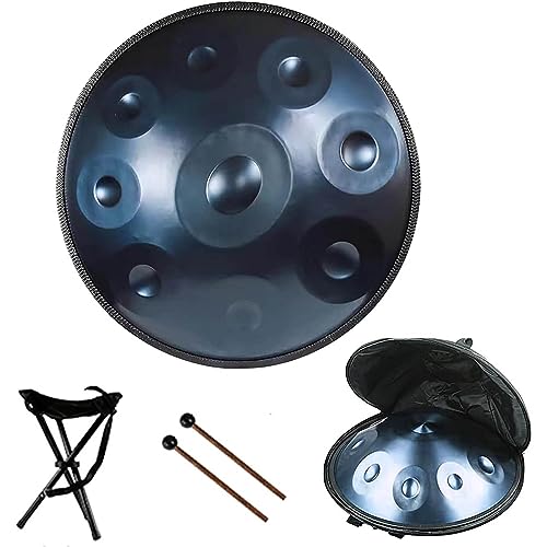 Handpan-Trommelinstrument in d-Moll, 9/10/12 Töne, 440Hz Handtrommel mit weicher Handpan-Tasche, 2 Handpfannenhämmer, Handpan-Ständer, Staubfreies Tuch,Blau,9 Notes