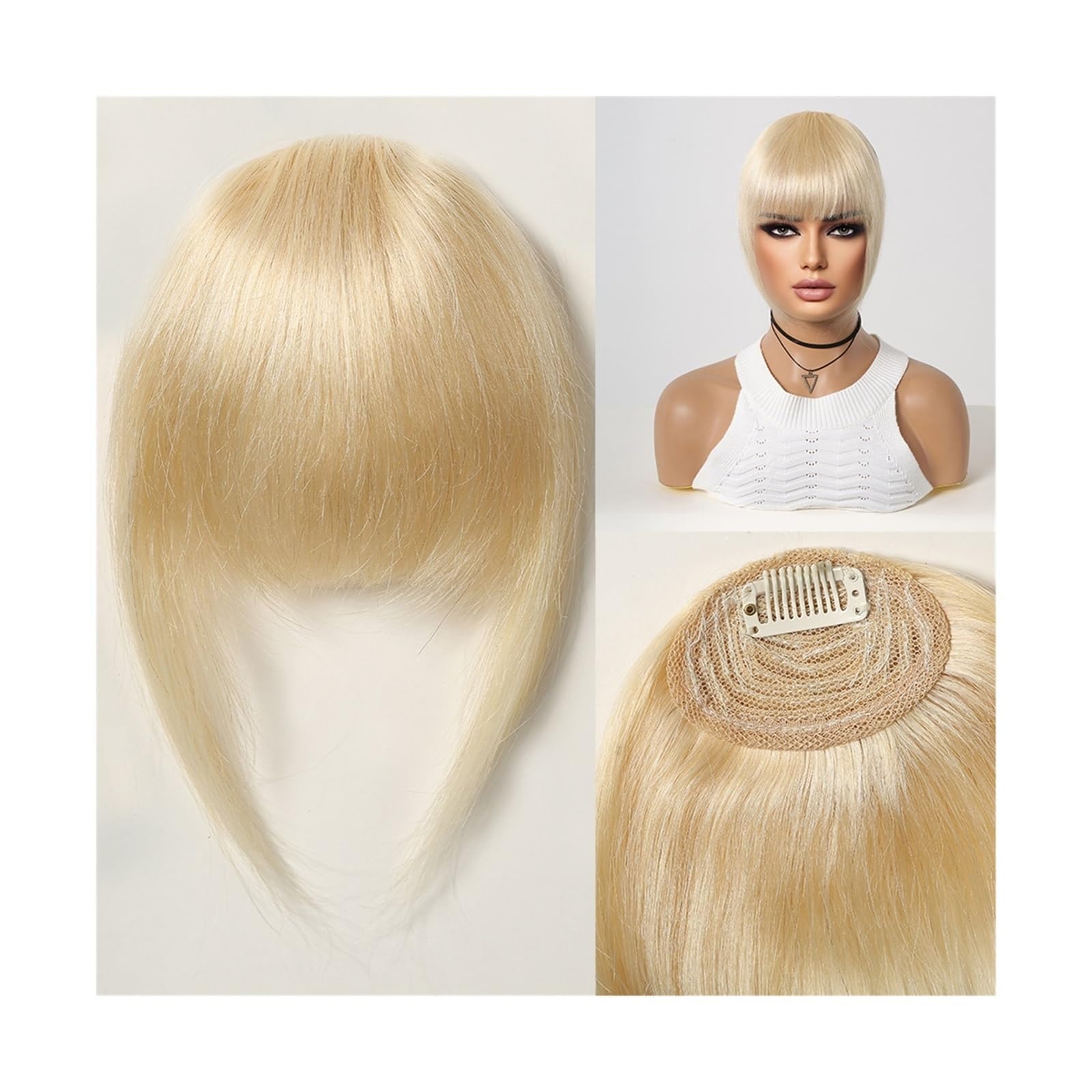 Pony Extension für Damen Echthaar-Pony-Haarteile mit Fransen, stumpfer Schnitt, natürlicher Air-Pony-Clip-in-Haarverlängerung über dem Kopf, Schwarzbraun, Remy-Haar for Frauen Fringe Bangs(HLH1005-5)