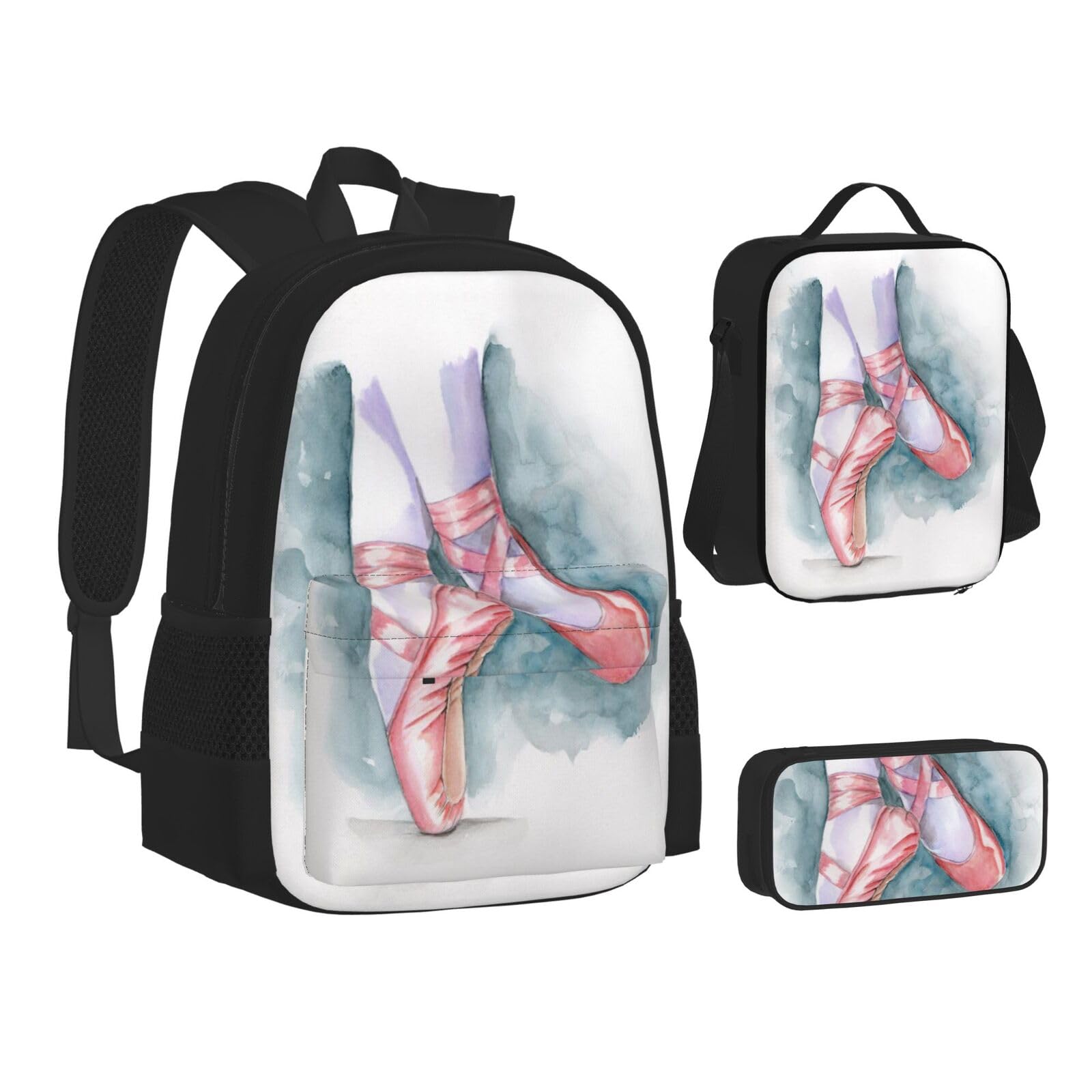 WURTON Rucksack mit Balletttänzermotiv, Lunchbox-Set, 3-in-1-Rucksack und Federmäppchen, passende Kombination, Schwarz, Einheitsgröße