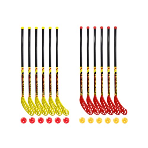 Bandito FunHockey Schlägerset inkl. Bälle für Kinder, Floorball für Garten, Floorball Stick, Streethockey outdoor, Linkshänder, Rechtshänder, 12 Bälle und Schläger, rot und gelb