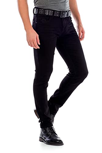 Cipo & Baxx Herren Jeans Hose Crinkle-Effekt Denim Slim Fit Schlicht Jeanshose Design Röhrenjeans CD319A W38 L32 Schwarz