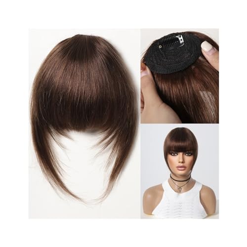 Pony Extension für Damen 100% Echthaar-Pony, natürlicher dunkelbrauner französischer Pony, Haarspange mit Fransen und Schläfen, Haarteil for Frauen, Clip-on-Air-Bang Fringe Bangs(005-2)