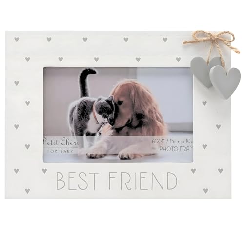 Bilderrahmen für Hunde, Katzen oder andere Haustiere, weißer Rahmen mit der Aufschrift "Best Friend" und zwei grauen Herzen an einer Schleife, 15,2 x 10,2 cm