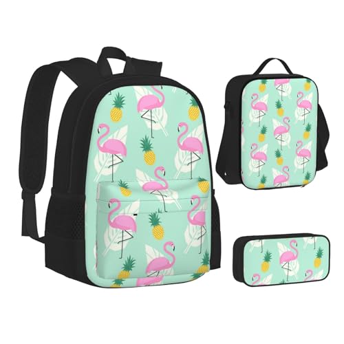 WURTON Lustiges Essen Hot Dogs Print Teenager Büchertasche Mittagessen Tasche Federmäppchen 3 in 1 Schulrucksäcke Set Kinder Rucksack, Pinke Flamingo Ananas, Einheitsgröße